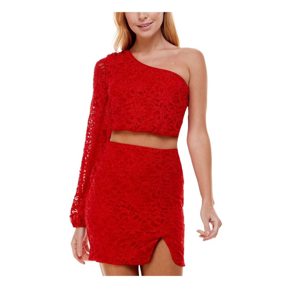 CITY STUDIO Womens Mini Dress Red Sleeve Cropped Tie Back Slit Lined Juniors 11